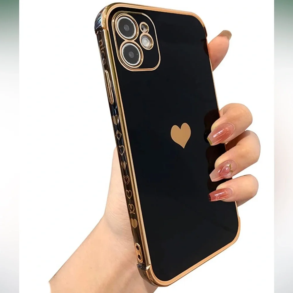 NEW! Women Heart iPhone 12 Cover Soft Luxury Case 6.1 inch Black and gold